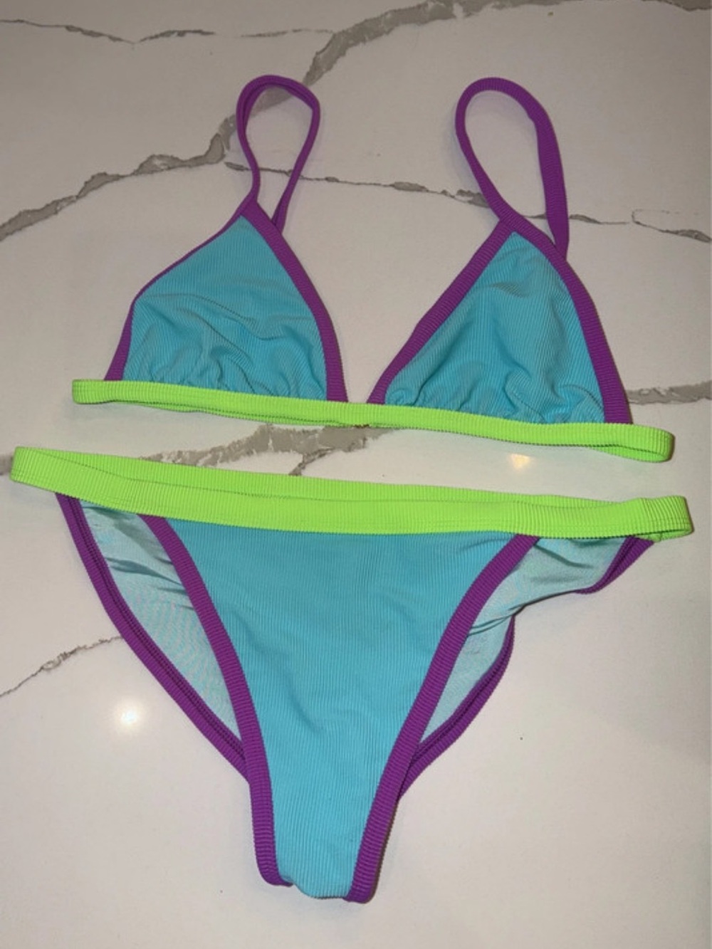 Beach Riot Blue Bikini with Purple Trim and Neon Green Band